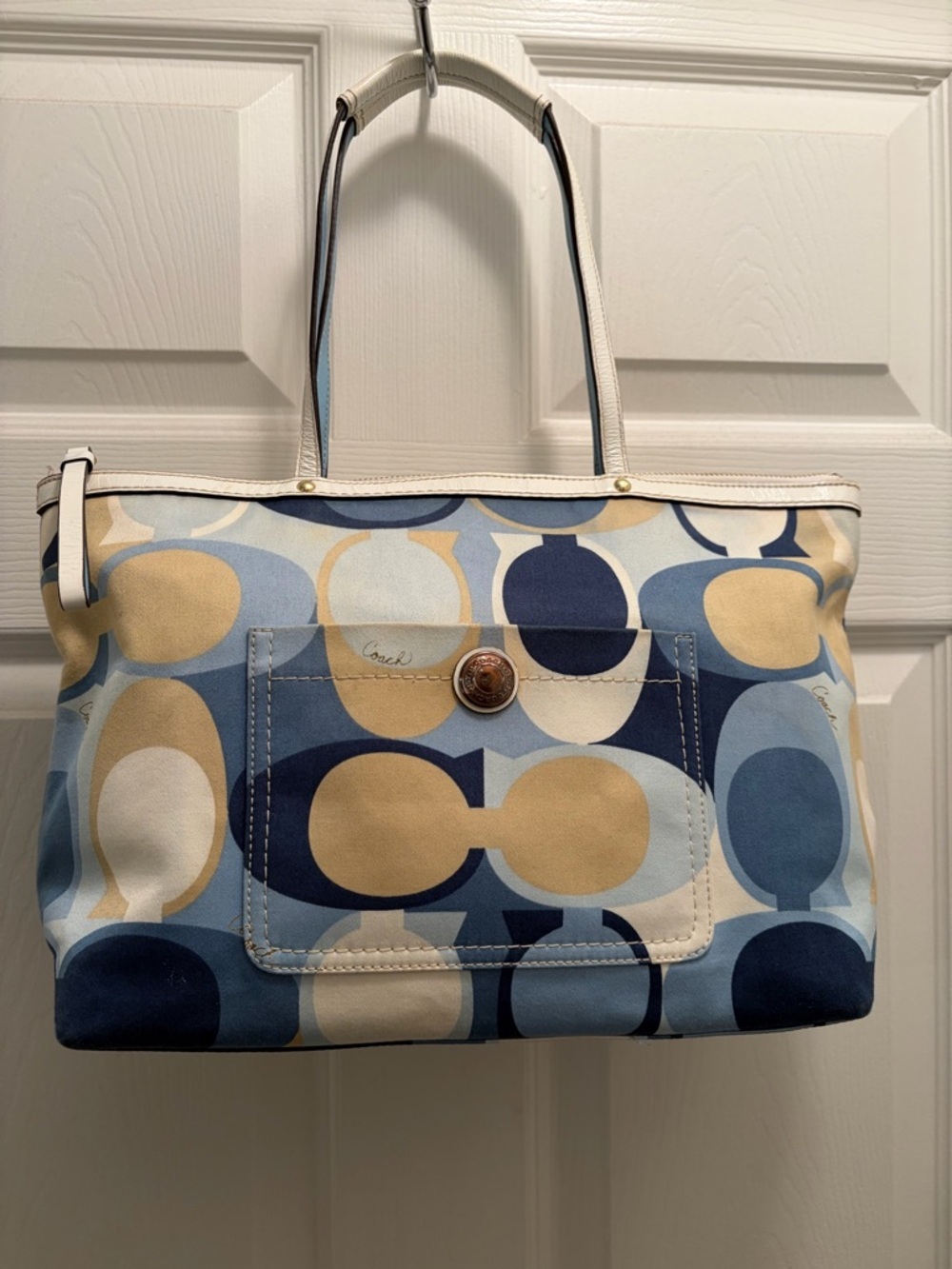Coach Legacy Scarf Print Satin Signature C Tote 2007 Blue Gold *hangtag added* - Picture 2 of 16